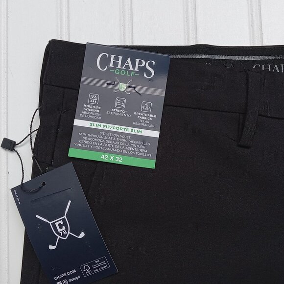 CHAPS Dress Pants Mens 42 x 32 Black Performance Flat Front Slim Fit Golf Pant - Picture 8 of 10